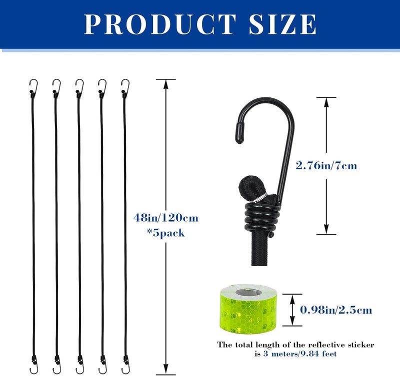 Bac-kitchen 5Pcs 48Inch Bungee Cords with Hooks, Heavy-Duty Weatherproof Outdoor Elastic Straps for Luggage, Camping, Tarps, Bike Racks, Tents or Garden Tidying - Image 2